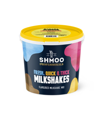 Colourful cow print tub with yellow lid of Shmoo fresh think milkshake powder. Banana Milkshake flavour
