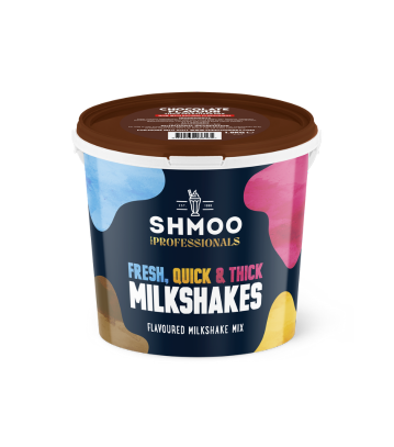 Colourful cow print tub with Brown lid of Shmoo fresh think milkshake powder. Chocolate Milkshake flavour