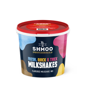 Colourful cow print tub with red lid of Shmoo fresh think milkshake powder. Strawberry Milkshake flavour