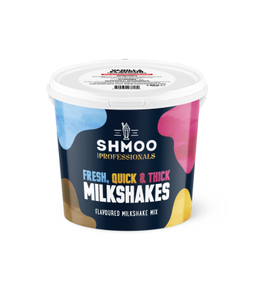 Colourful cow print tub with white lid of Shmoo fresh think milkshake powder. Vanilla Milkshake flavour