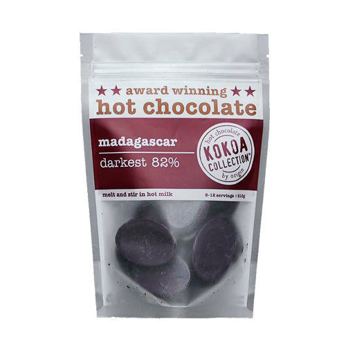 Kokoa Collection 250g clear packed with brown band. Award winning hot chocolate. Madagascar darkest 82% cocoa hot chocolate pebbles