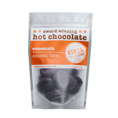 Kokoa Collection 250g clear packed with orange band. Award winning hot chocolate. Venezuela Smooth 58% cocoa hot chocolate pebbles