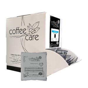 Coffee Care Dispenser Box of Three Peaks 15g cafetiere sachets in grey recyclable packaging.