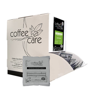 Coffee Care dispenser box of 100 grey recyclable 8g sachets of Espresso Decaffeinato. Ground espresso coffee.