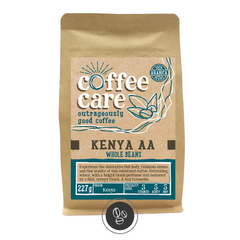 A 227g kraft packet of Coffee Care’s Kenya AA Coffee. Blue label for whole beans. Kenyan coffee. 100% Arabica whole beans