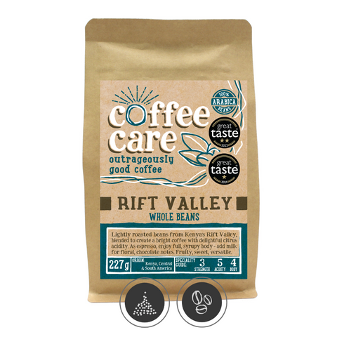 A 227g kraft packet of Coffee Care’s Rift Valley Coffee Beans. Blue label for whole beans. Freshly roasted Kenya, Central & South America Coffee. 100% Arabica. Great Taste Award Winner 2017, 2022 and 2024.