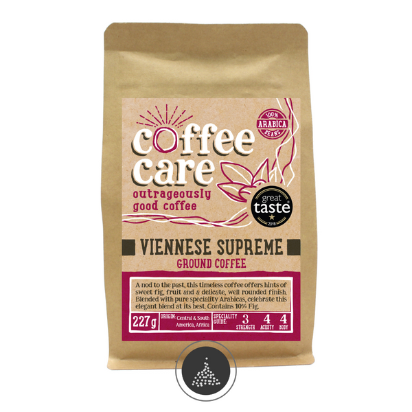 A 227g kraft packet of Coffee Care’s Viennese Supreme ground coffee. Pink label ground for filter & cafetiere. Freshly roasted & ground Central, South America & Africa Coffee. 100% Arabica. Great Taste Award Winner 2018