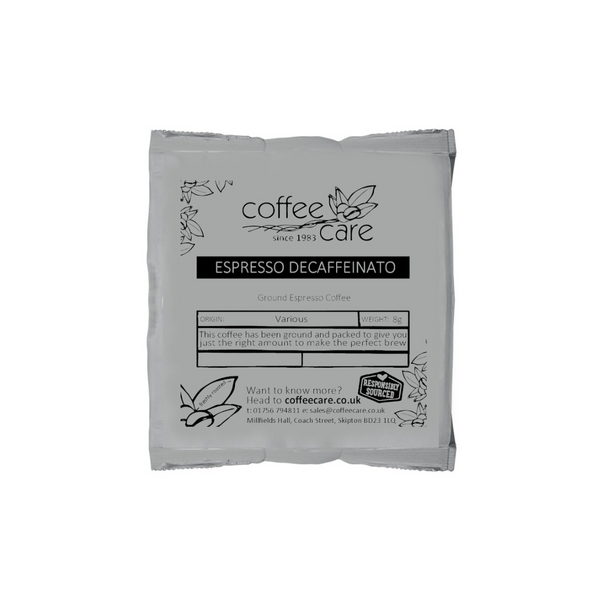 A Coffee Care grey recyclable packet of 8g Espresso Decaffeinato ground for espresso coffee.