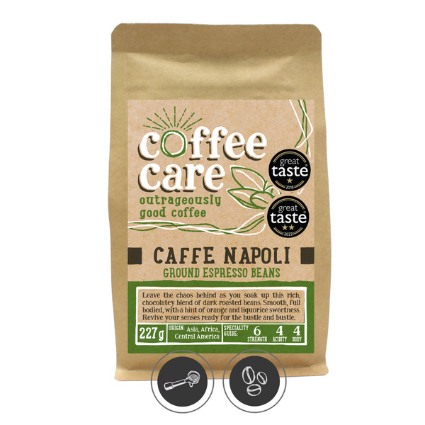 A 227g kraft packet of Coffee Care’s Cafe Napoli Ground Espresso Beans. Light green label for ground espresso coffee. Freshly roasted Asia, Africa & Central America Coffee. Great Taste Winner 2018 and 2022