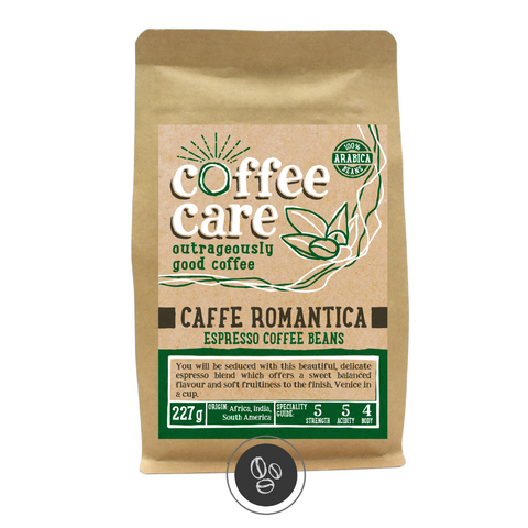 A 227g kraft packet of Coffee Care’s Caffe Romantica Espresso Beans. Dark green label for espresso beans. Freshly roasted Africa India & South America coffee. 100% Arabica Beans