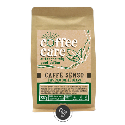 A 227g kraft packet of Coffee Care’s Caffe Senso Espresso Beans. Dark green label for espresso beans. Freshly roasted Java, India, Ethiopia & Brazil.