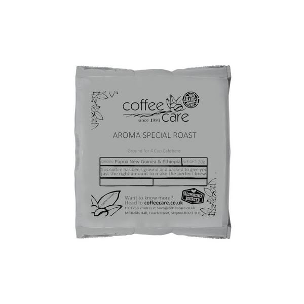 A single packet of 20g cafetiere coffee in grey recyclable packaging. Coffee Care's Aroma Special Roast 100% Arabica coffee from Papua New Guinea and Ethiopia