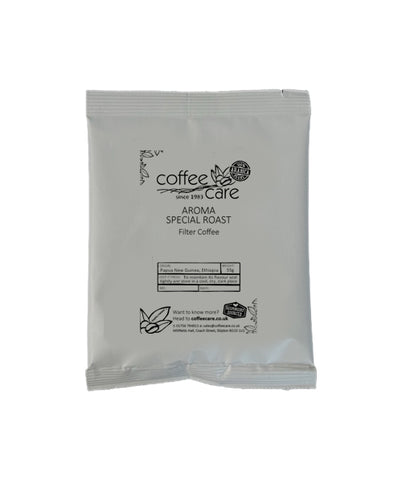 one grey recyclable packet of Coffee Care's Aroma Special Roast 55g filter coffee