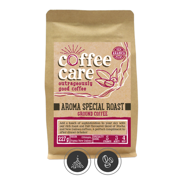 A 227g kraft packet of Coffee Care’s Aroma Special Roast Coffee. Pink label ground for filter & cafetiere. Papua New Guinea & Ethiopia coffee. 100% Arabica ground coffee beans