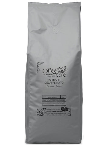 one kilo grey recyclable packet of Coffee Care's Espresso Decaffeinato Espresso Beans. Decaffeinated Espresso Beans from Brazil and India