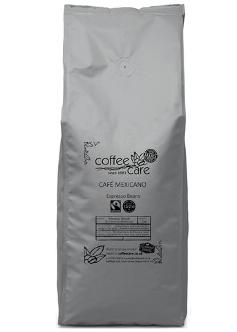 one kilo grey recyclable packet of Coffee Care's Café Mexicano Espresso Beans. 100% Arabica coffee, Fairtrade Certified Coffee, Great Taste Winner 2022