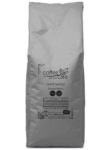 one kilo grey recyclable packet of Coffee Care's Caffe Napoli Espresso Beans. Great Taste Winner 2018 and 2022