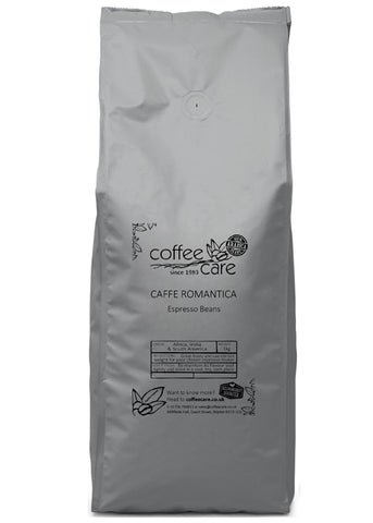 one kilo grey recyclable packet of Coffee Care's Caffe Romantica Espresso Beans. 100% arabica beans from Africa, India and South America