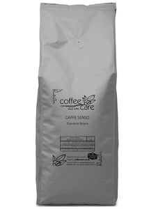 one kilo grey recyclable packet of Coffee Care's Caffe Senso Espresso Beans. Java, India, Brazil and Ethiopia Beans