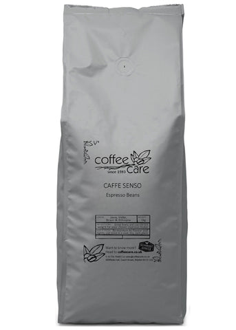 one kilo grey recyclable packet of Coffee Care's Caffe Senso Espresso Beans. Java, India, Brazil and Ethiopia Beans