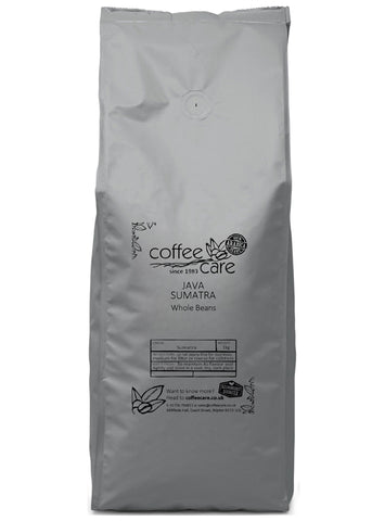 one kilo grey recyclable packet of Coffee Care's Java Sumatra. 100% Arabica coffee from indonisia