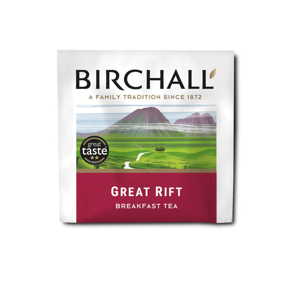 A single deep red enveloped tea bag of Birchall Great Rift Breakfast Tea. Great Taste Winner.