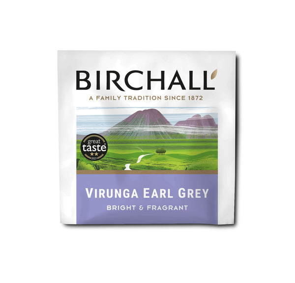 A single lilac enveloped tea bag of Birchall Earl Grey. East Africa’s finest single estate scented tea. Rainforest Certified.