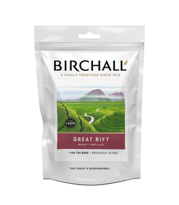 One large white biodegradable catering bag of Birchall Great Rift Tea Bags. Image of valley on front, great taste logo, 1100 tea bags inside.