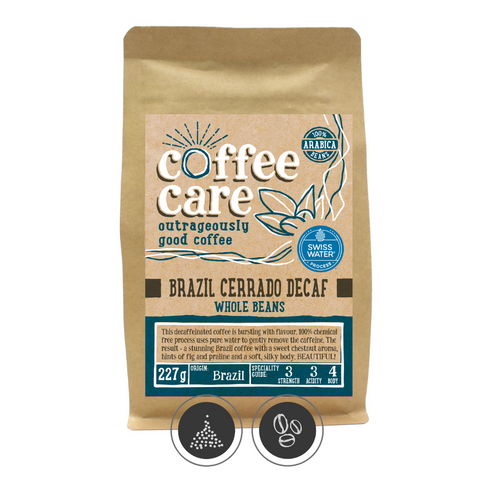 A 227g kraft packet of Coffee Care’s Brazil Cerrado Swiss Water Process Decaffeinated Coffee. Blue label for whole beans. 100% Arabica wholebeans