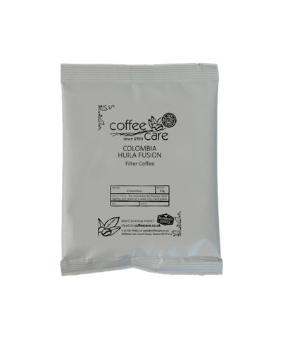 one grey recyclable packet of Coffee Care's Colombia Huila Fusion 55g filter coffee