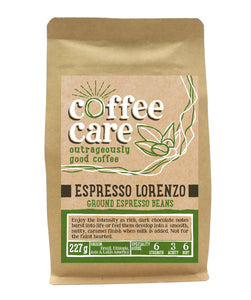 227g kraft packet of Coffee Care’s Espresso Lorenzo ground espresso beans. Light green label for ground espresso. Freshly roasted & ground Brazil, Ethiopia, Asia & Latin America