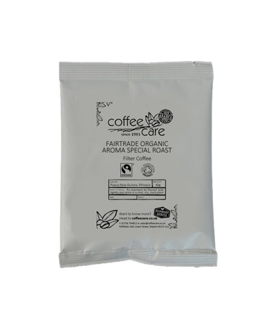 one grey recyclable packet of Coffee Care's Fairtrade Organic Aroma Special Roast 60g filter coffee. Fairtrade certified coffee, Organic Coffee and 100% arabica coffee.