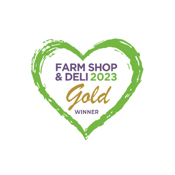 Green love heart shaped logo with Farm Shop and Deli 2023 Gold winner. Farm Shop and Deli Gold Product winning logo