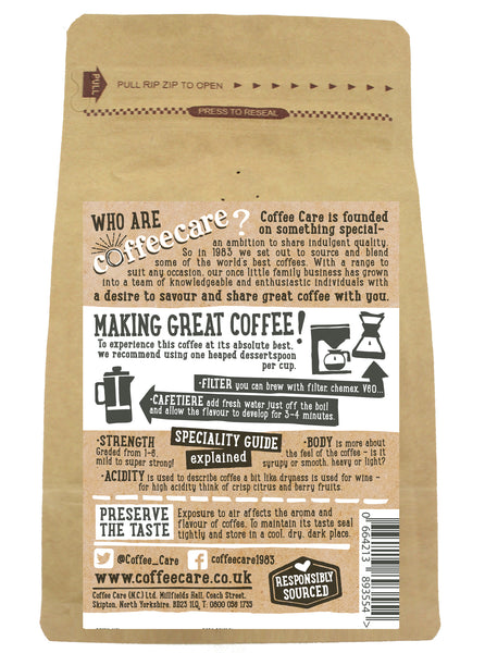 Back label of a 227g packet of Coffee Care’s Colombia Certificado Ground Coffee. Instructions for Filter, V60, Chemex, Cafetiere.