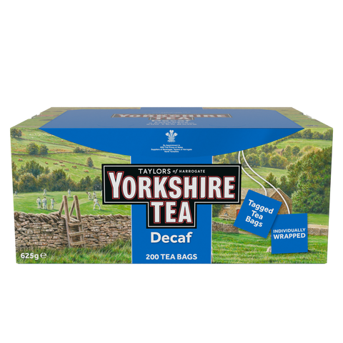 Yorkshire landscape cardboard box of 200 one cup individually foil wrapped tagged decaffeinated tea bags. Yorkshire Tea, Taylors of Harrogate - Let’s have a proper brew