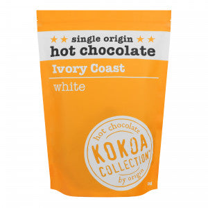 Kokoa Collection 1 kilo yellow bag of award winning hot chocolate. Ivory Coast, white hot chocolate pebbles