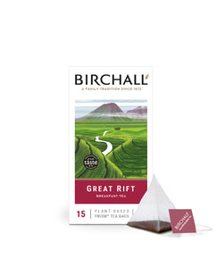 Front view of cardboard box of 15 Birchall Great Rift prism tea bags. Green hill graphics with red band, East Africa’s finest tea , breakfast blend, great taste winner 2015 with one prism teabag  displayed next to the box