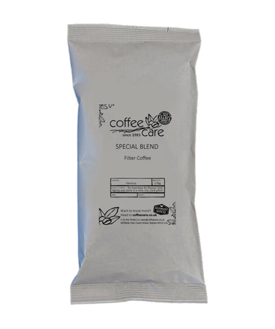 one 170g grey recyclable packet of Coffee Care's Special Blend Bulk Brew Filter Coffee. 100% Arabica Coffee 