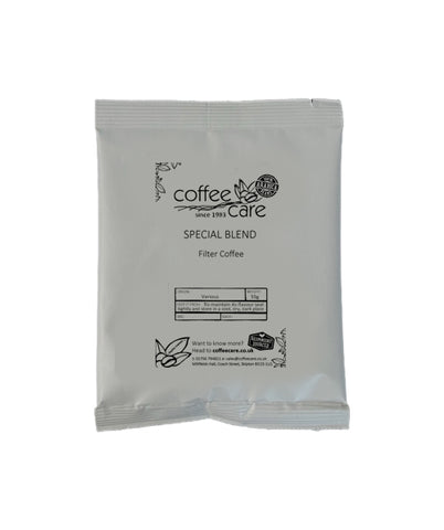 one grey recyclable packet of Coffee Care's Special Blend 55g filter coffee. 100% arabica coffee.