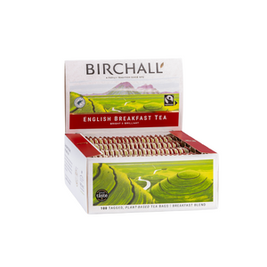 Side View of hill graphics on an open cardboard box of 100 Birchall English Breakfast tagged tea bags. Fairtrade certified, a delicious strong breakfast tea bursting with full flavour. plant based tea bags
