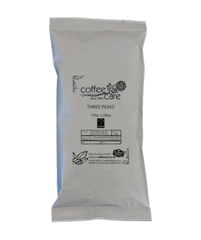 one 150g grey recyclable packet of Coffee Care's Three Peaks Bulk Brew Filter Coffee. 100% Arabica Coffee. Deliciously Yorkshire Best Beverage Winner and Farm Shop and Deli Show 2023 Gold Product Award. 