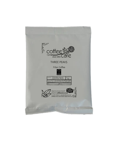 one grey recyclable packet of Coffee Care's Three Peaks 55g filter coffee. 100% arabica coffee. Farm Shop and Deli Gold Product Winner and Deliciously Yorkshire Best Beverage Winner