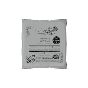 A single packet of 15g cafetiere coffee in grey recyclable packaging. Coffee Care's Viennese supreme coffee. 100% arabica coffee from Guatemala, Colombia, Kenya, Africa and includes 5% ground fig.