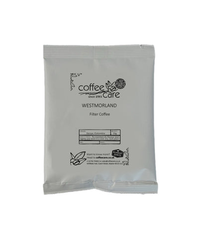 one grey recyclable packet of Coffee Care's Westmorland Blend 55g filter coffee. 100% arabica coffee.