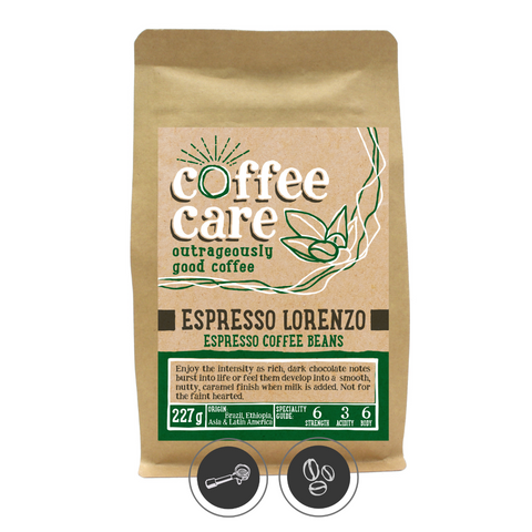 A 227g kraft packet of Coffee Care’s Espresso Lorenzo Espresso Beans. Dark green label for espresso beans. Freshly roasted Brazil, Ethiopia, Asia and Latin America Coffee