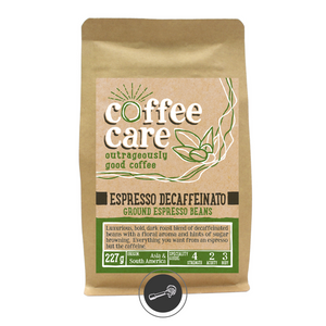 227g kraft packet of Coffee Care's Espresso Decaffeinato ground for espresso coffee. light green label for ground fro espresso. Decaffeinated Espresso.