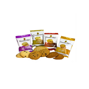 A selection of 4 twin pack of Grandma Wilds biscuits. Fruit & Lemon, Oaty, Choc Chip, Ginger. With display of biscuits in front