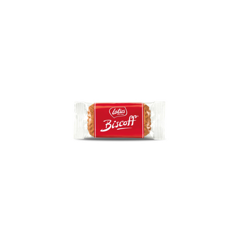 A single clear packet with a red band around saying lotus biscoff. Individually wrapped lotus biscuits