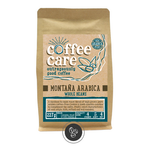 A 227g kraft packet of Coffee Care’s Montana Arabica Coffee. Blue label for whole beans. Brazil, Colombia and Latin America coffee. 100% Arabica whole beans