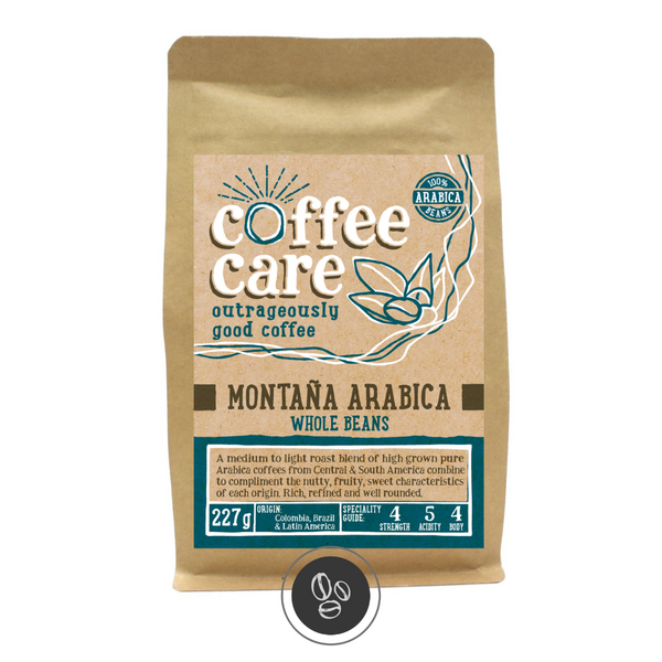 A 227g kraft packet of Coffee Care’s Montana Arabica Coffee. Blue label for whole beans. Brazil, Colombia and Latin America coffee. 100% Arabica whole beans